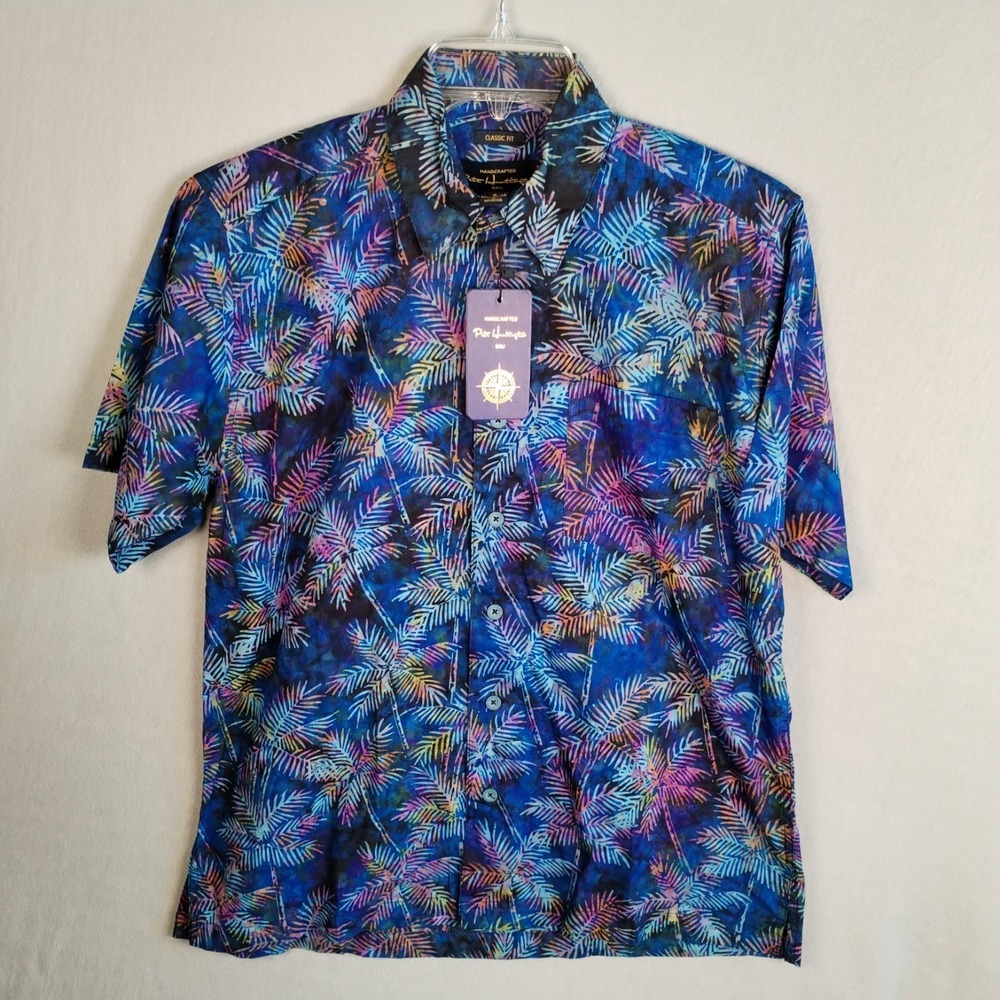 NWT Pete Huntington Bali Shirt Mens Small‎ S Batik Palm Leaf Tropical Blue Pink
